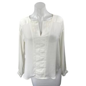 Ann Taylor Women's White Satin Long Sleeve Split V-Neck Shirt Blouse Top Size XS